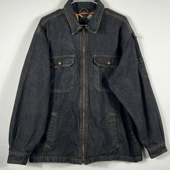 🔥 VINTAGE Duke Haband Aztec Flannel Lined Full Zip Black Denim Jacket Mens Larg - Picture 1 of 8